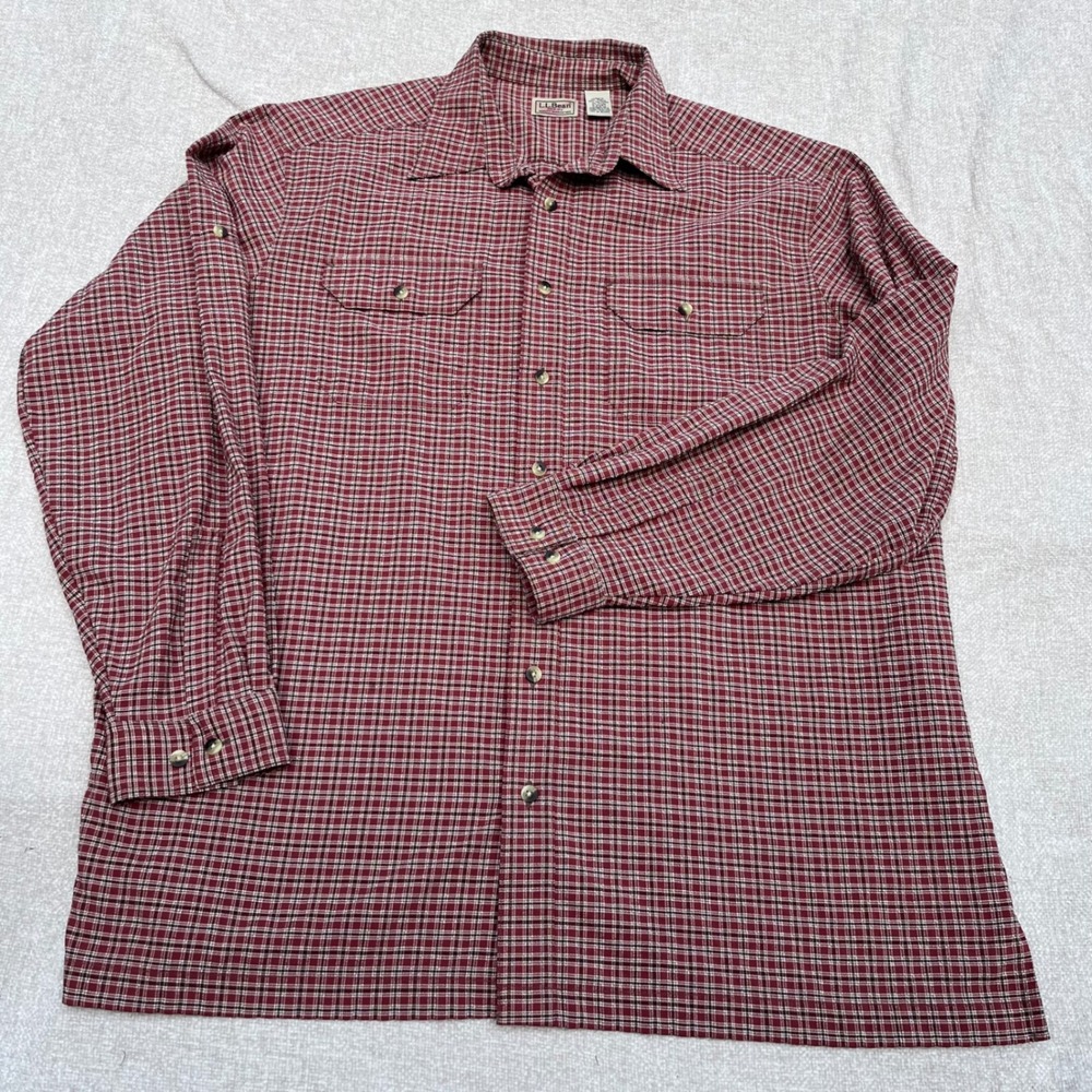 LL Bean Mens XL Tall Red Plaid Button Down Shirt Roll Tab Performance 0VV87